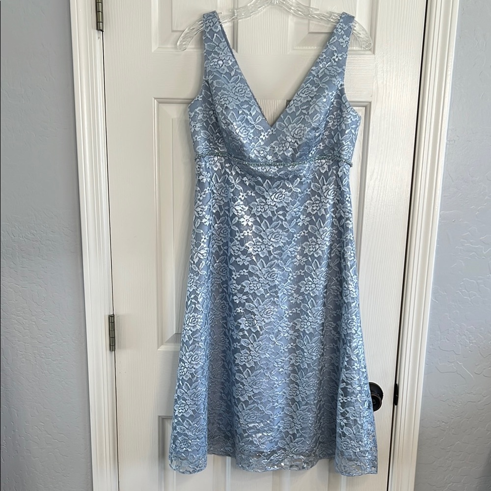 Alfred Angelo Cornflower Blue Lace Prom Formal Bridesmaid midi Dress size 8